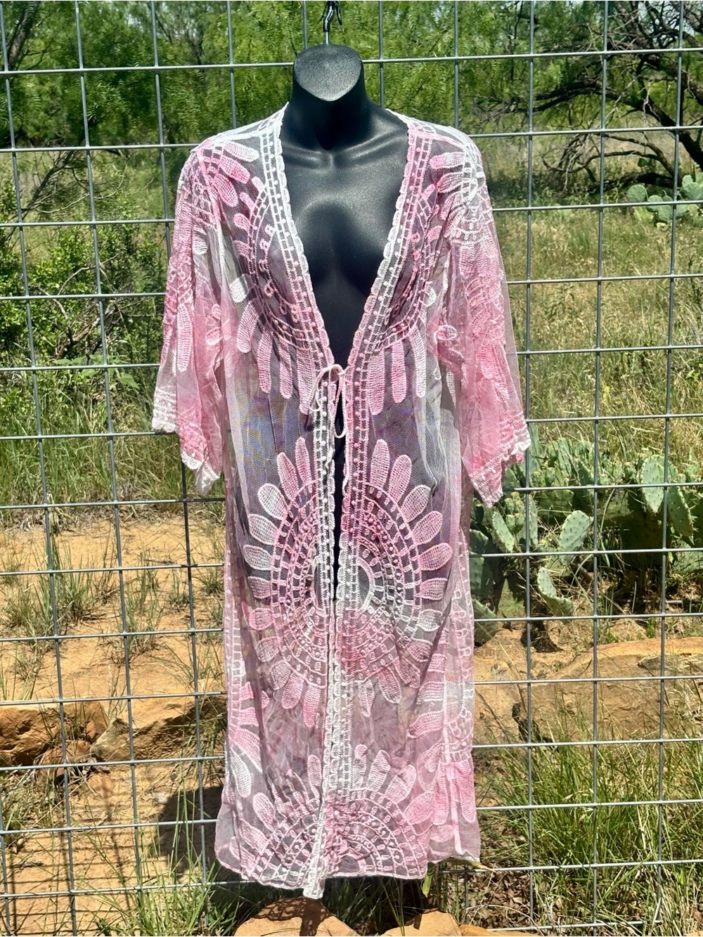 Pink Lace Crochet Swim Cover-Up Kimono NWT